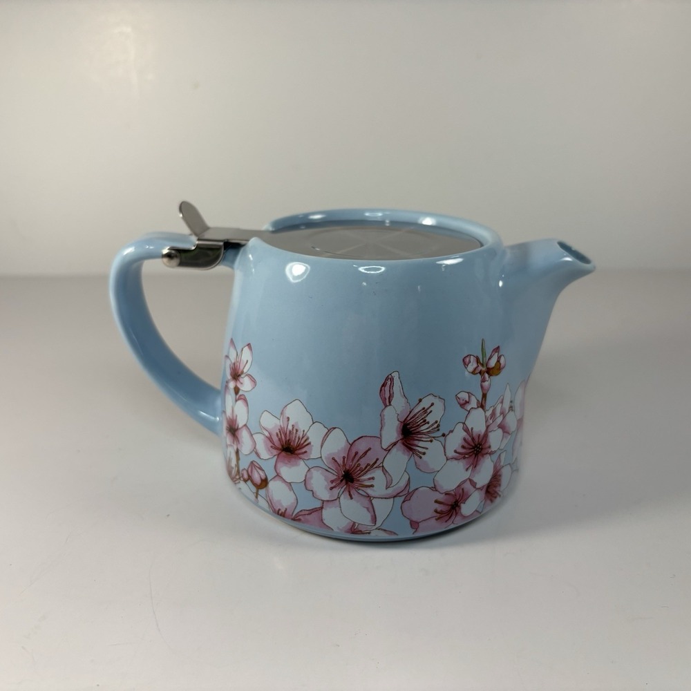 Alfred Ceramic Stainless Steel Teapot with Infuser Blue Pink Cherry Blossom